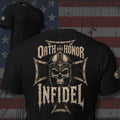 Oath and Honor Infidel skull iron cross back print black tee from Infidel Collective