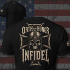 Death and Honor Infidel skull warrior helmet and iron cross back print black tee