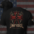 hooded figure inside a red iron cross and ornate Infidel crest back print black tee from Infidel Collective