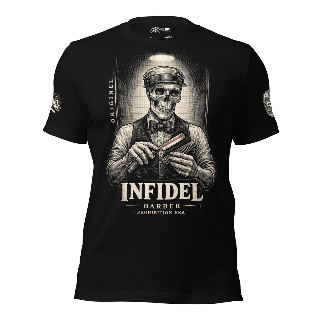 Black t-shirt with a graphic design of a skeleton barber and 'Infidel Barber' text on a white background.