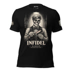 Black t-shirt with a graphic design of a skeleton barber and 'Infidel Barber' text on a white background.