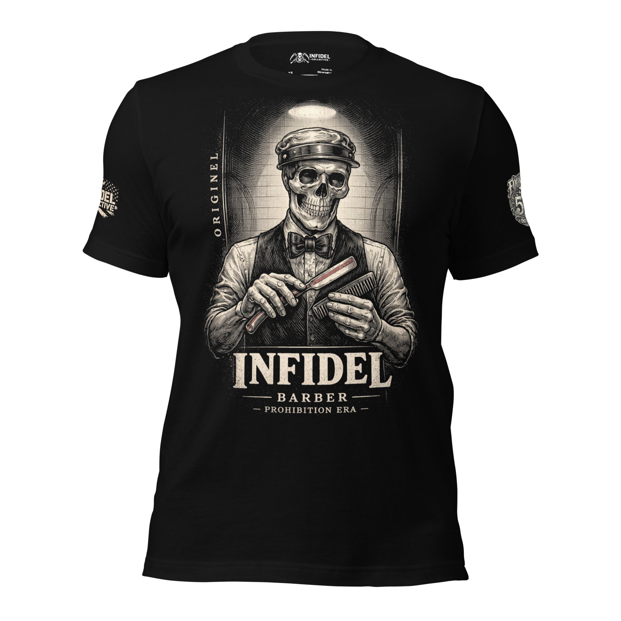 Black t-shirt with a graphic design of a skeleton barber and 'Infidel Barber' text on a white background.