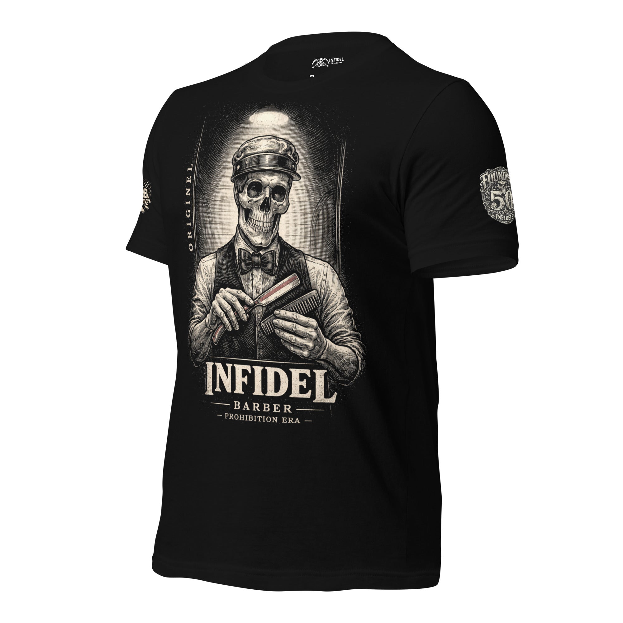 Black t-shirt with a graphic of a skeleton barber and 'Infidel Barber' text on a white background
