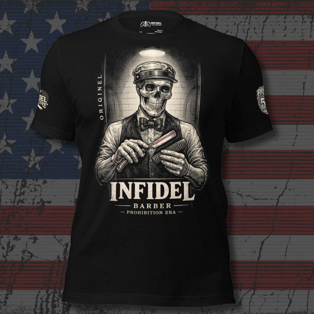 Black t-shirt with a graphic design of a skeleton barber and 'Infidel Barber' text on an American flag background.