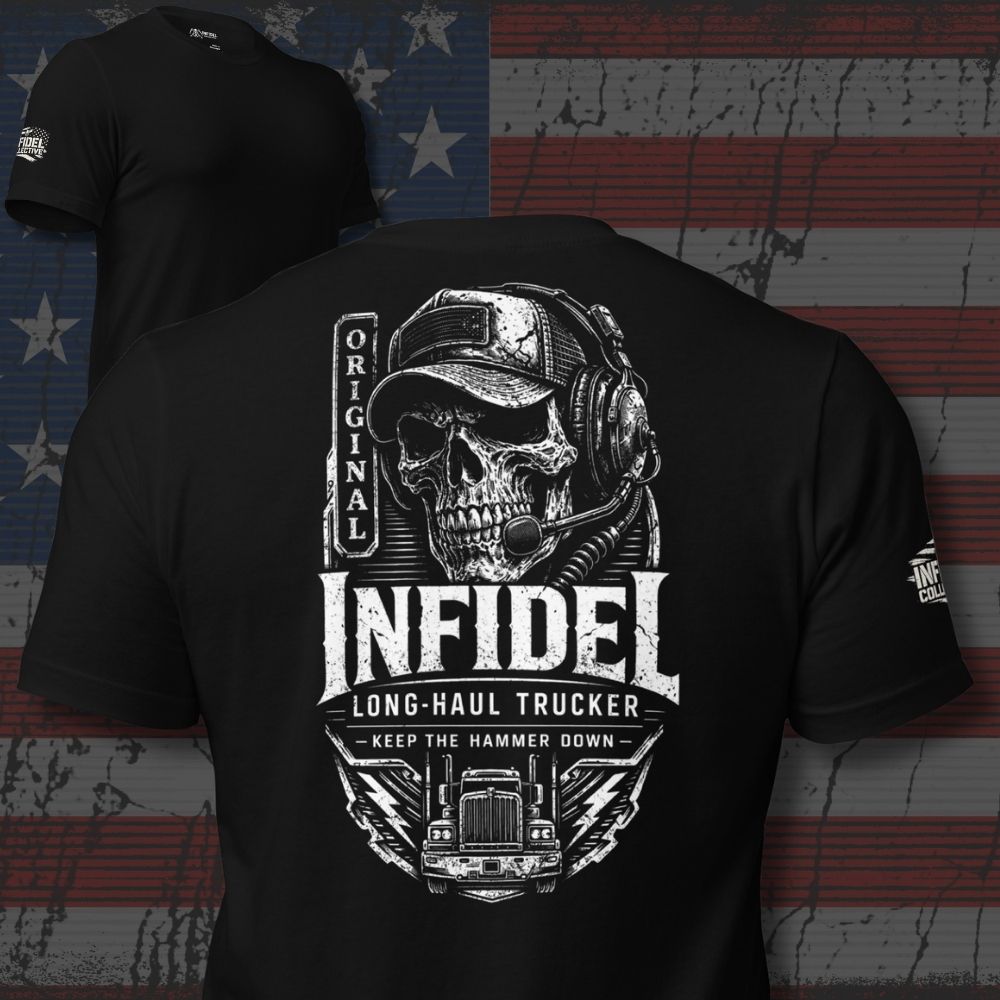 OG Infidel long haul trucker skull back print black tee from Infidel Collective