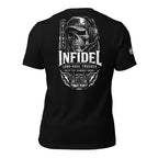 Black t-shirt with 'OG INFIDEL LONG HAUL TRUCKER' icon and text on the back against a white background