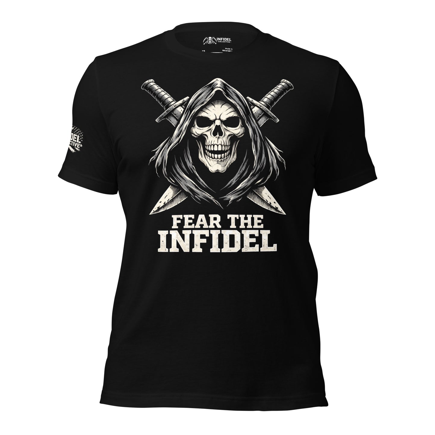 Navy blue t-shirt with 'FEAR THE INFIDEL' and a reaper logo on a white background