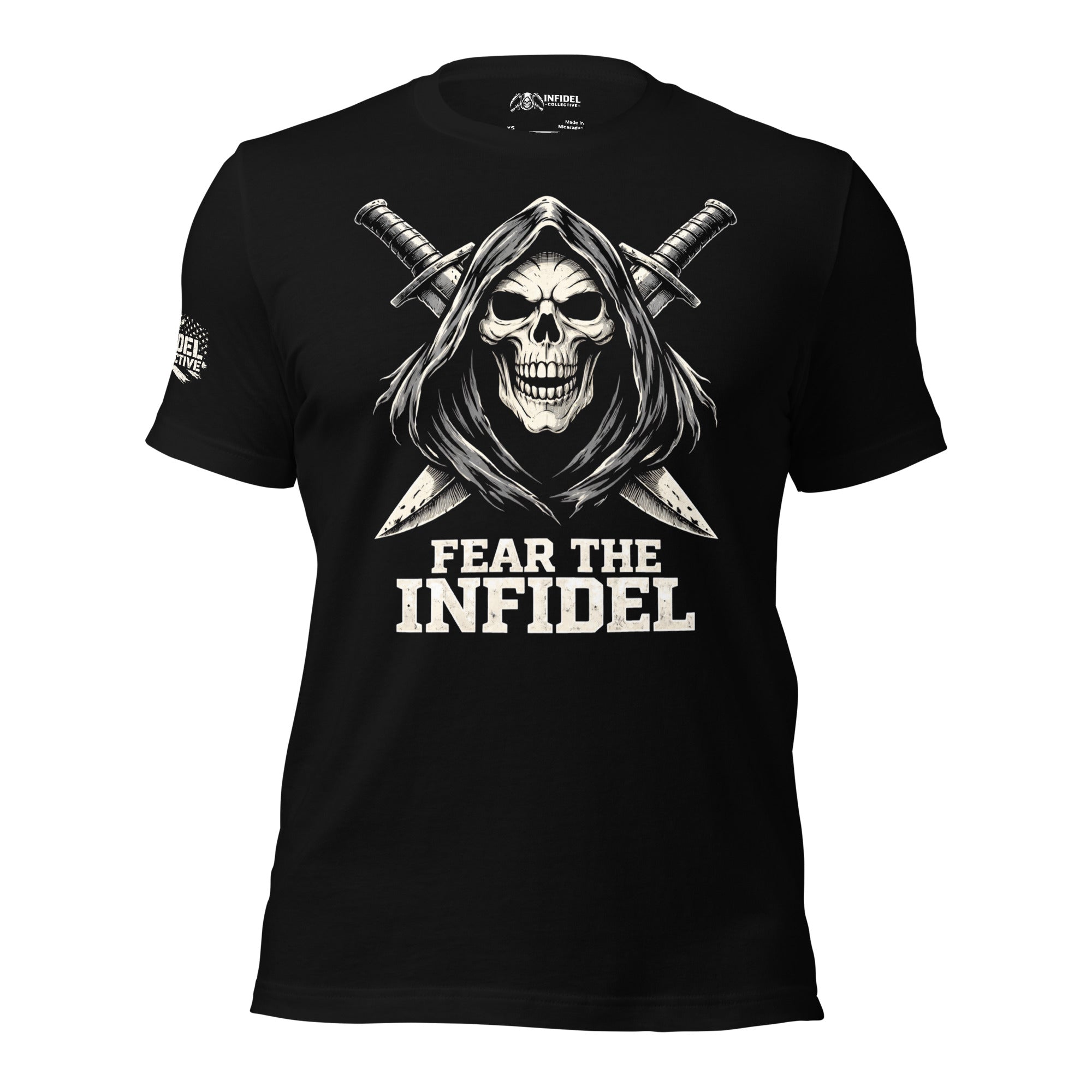 Navy blue t-shirt with 'FEAR THE INFIDEL' and a reaper logo on a white background
