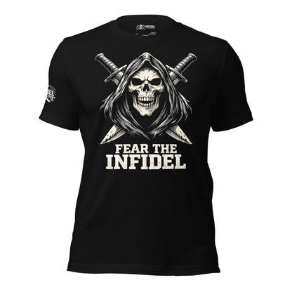 Navy blue t-shirt with 'FEAR THE INFIDEL' and a reaper logo on a white background