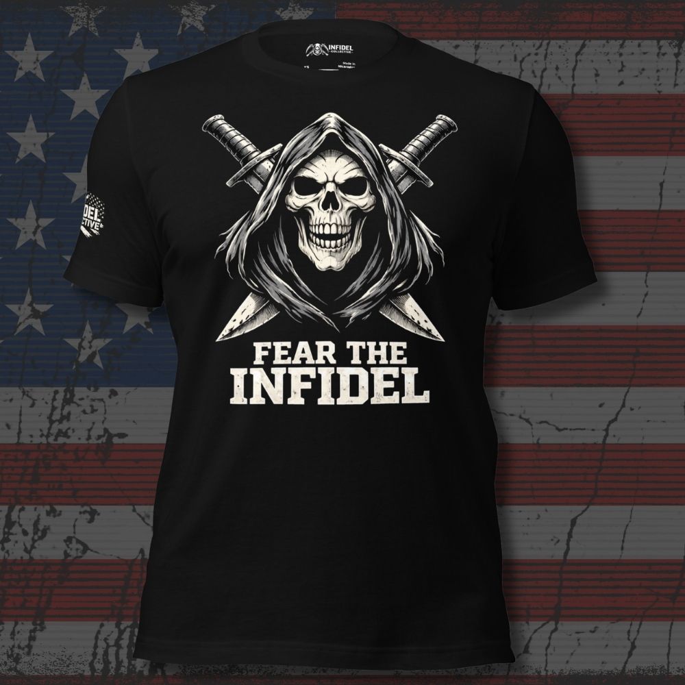 Black t-shirt with skull and crossed swords design and 'Fear the Infidel' text on an American flag background.