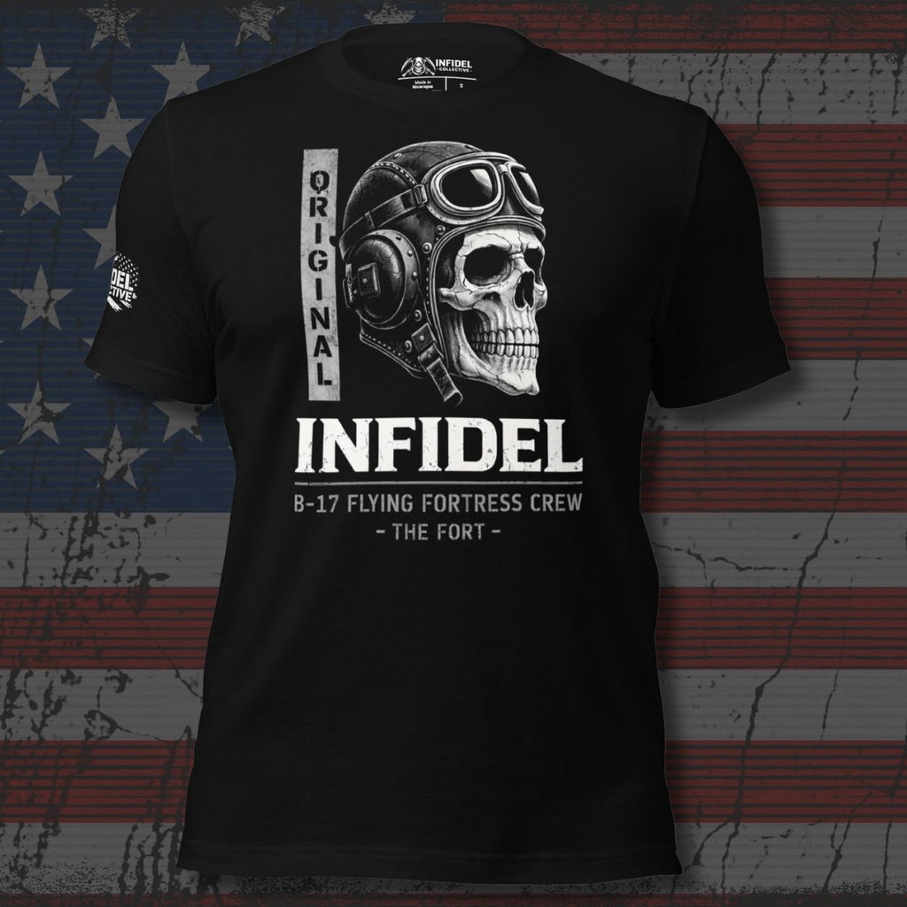 Original Infidel B-17 Flying Fortress Crew front print tee with skull wearing vintage aviator helmet and goggles on black shirt