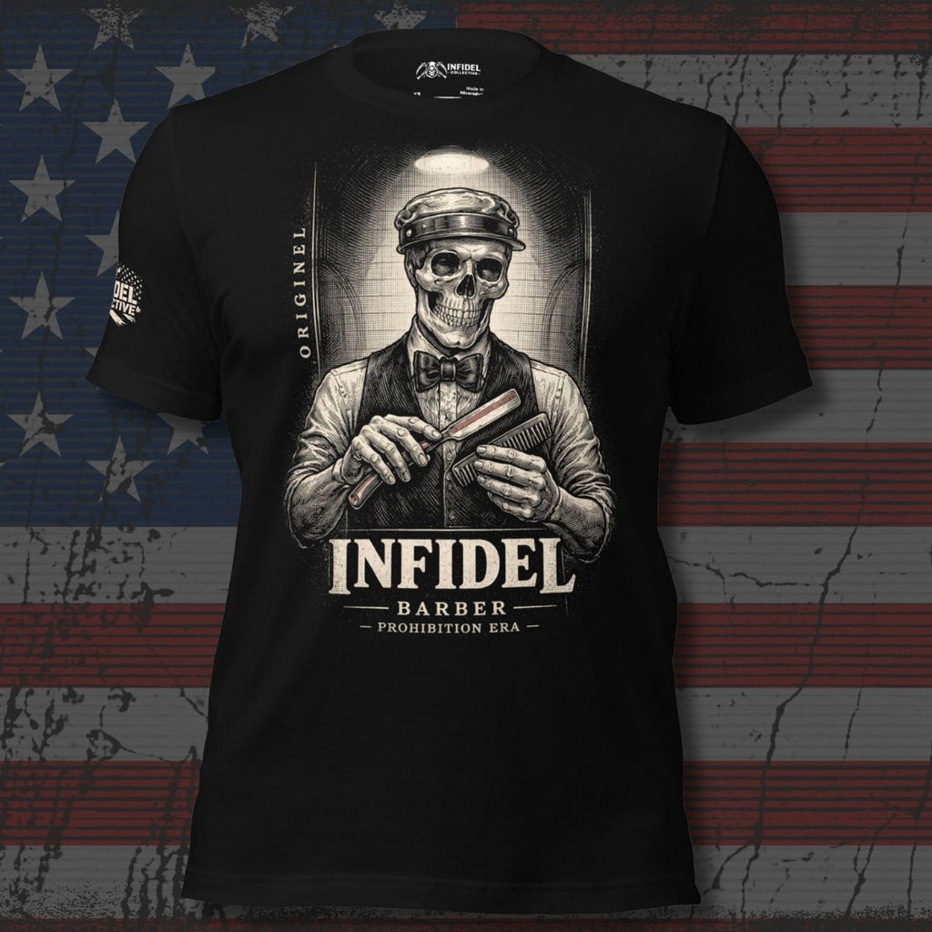 Black tee with Original Infidel Barber Prohibition Era front print featuring a skull barber holding a straight razor and comb