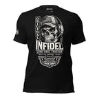 Black Original Infidel Long Haul Trucker tee with front print featuring skull wearing trucker cap and headset, semi truck graphic, and trucking text