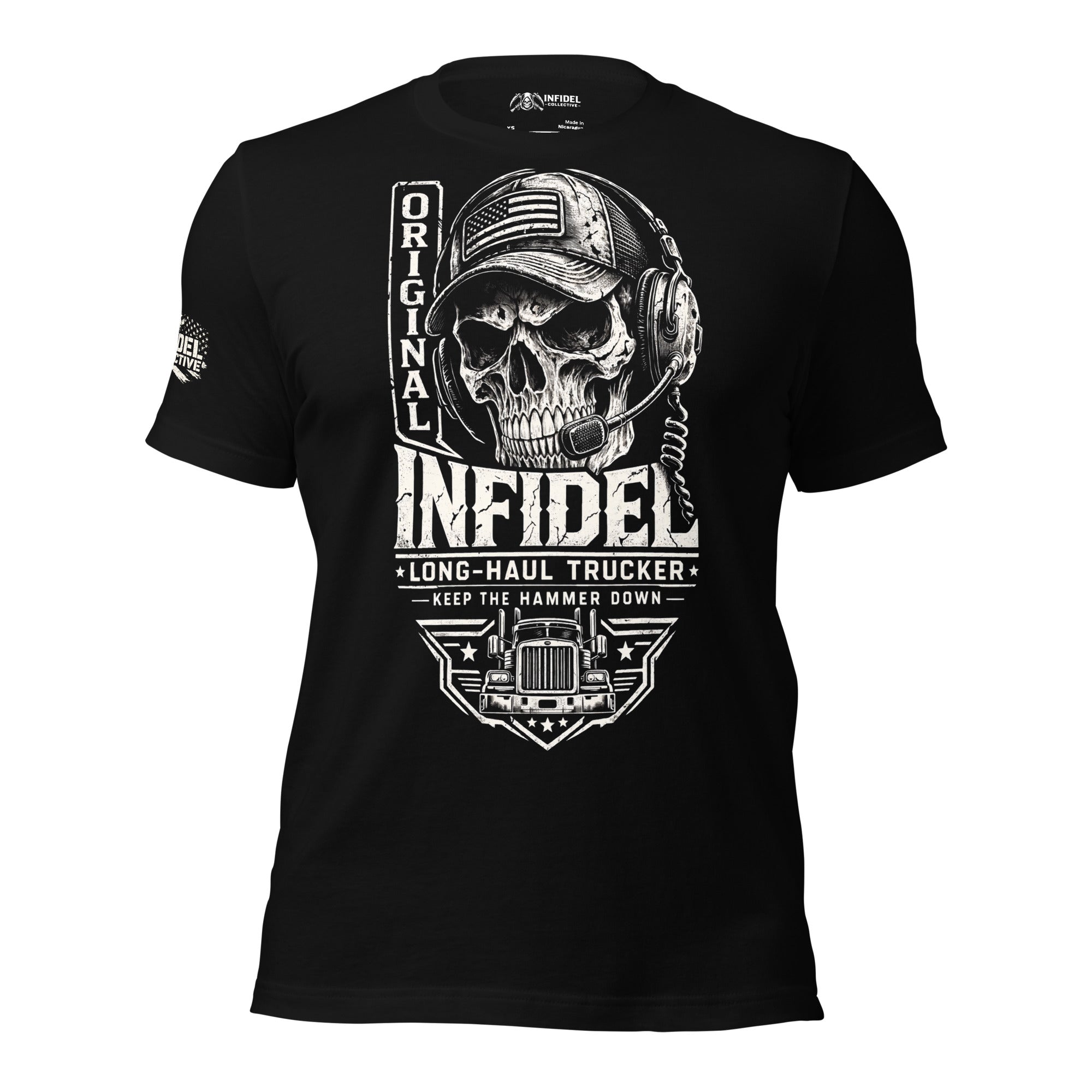 Black Original Infidel Long Haul Trucker tee with front print featuring skull wearing trucker cap and headset, semi truck graphic, and trucking text