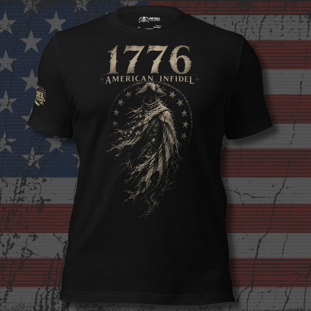 Black t-shirt featuring a ghostly Revolutionary War patriot beneath 1776 American Infidel text in distressed vintage artwork