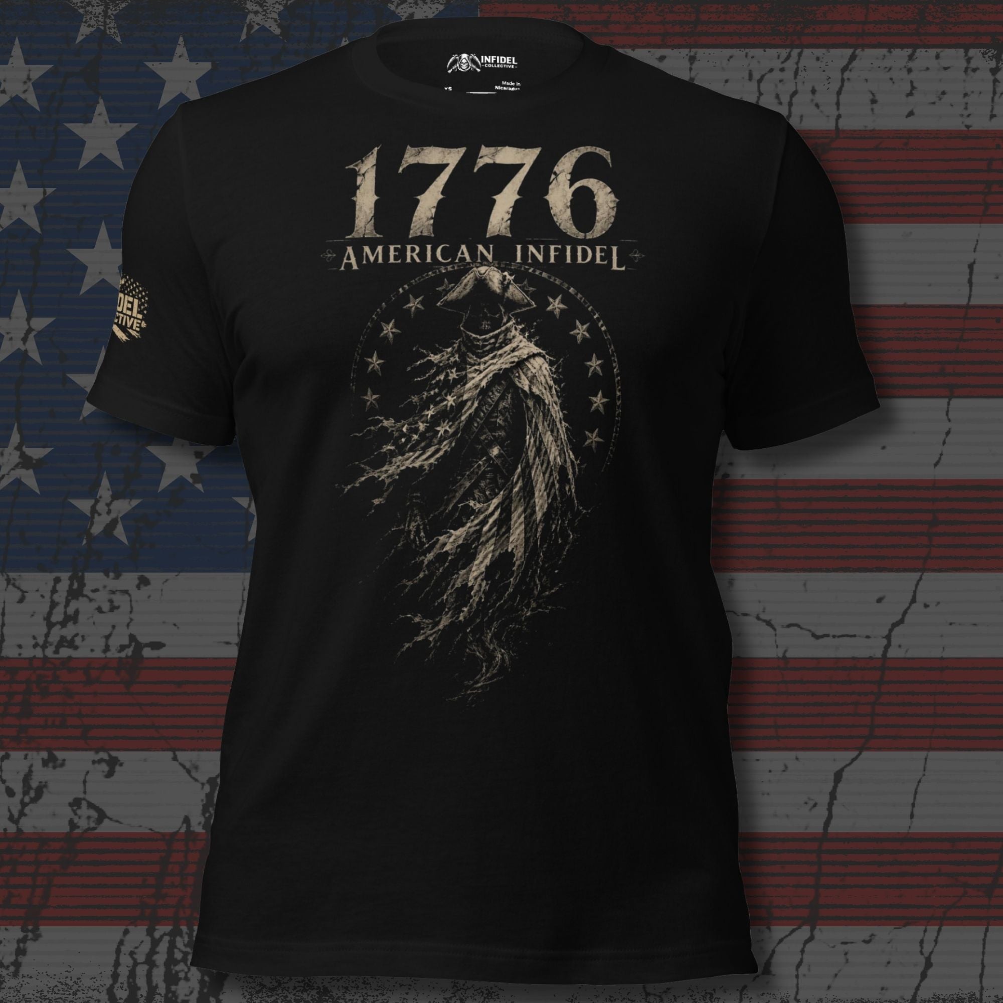 Black t-shirt featuring a ghostly Revolutionary War patriot beneath 1776 American Infidel text in distressed vintage artwork