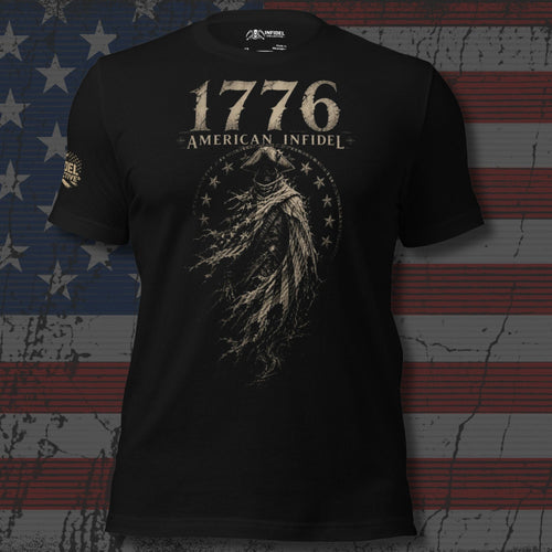 1776 American Infidel cloaked patriot front print black tee from Infidel Collective