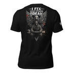 Black t-shirt with graphic design and text on the back, displayed on a white background.