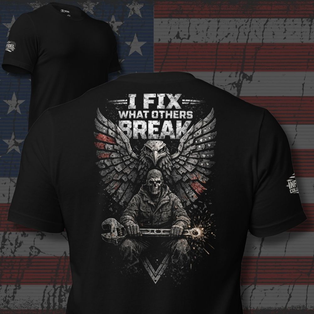 Black t-shirt with graphic design and text 'I Fix What Others Break' on a flag background