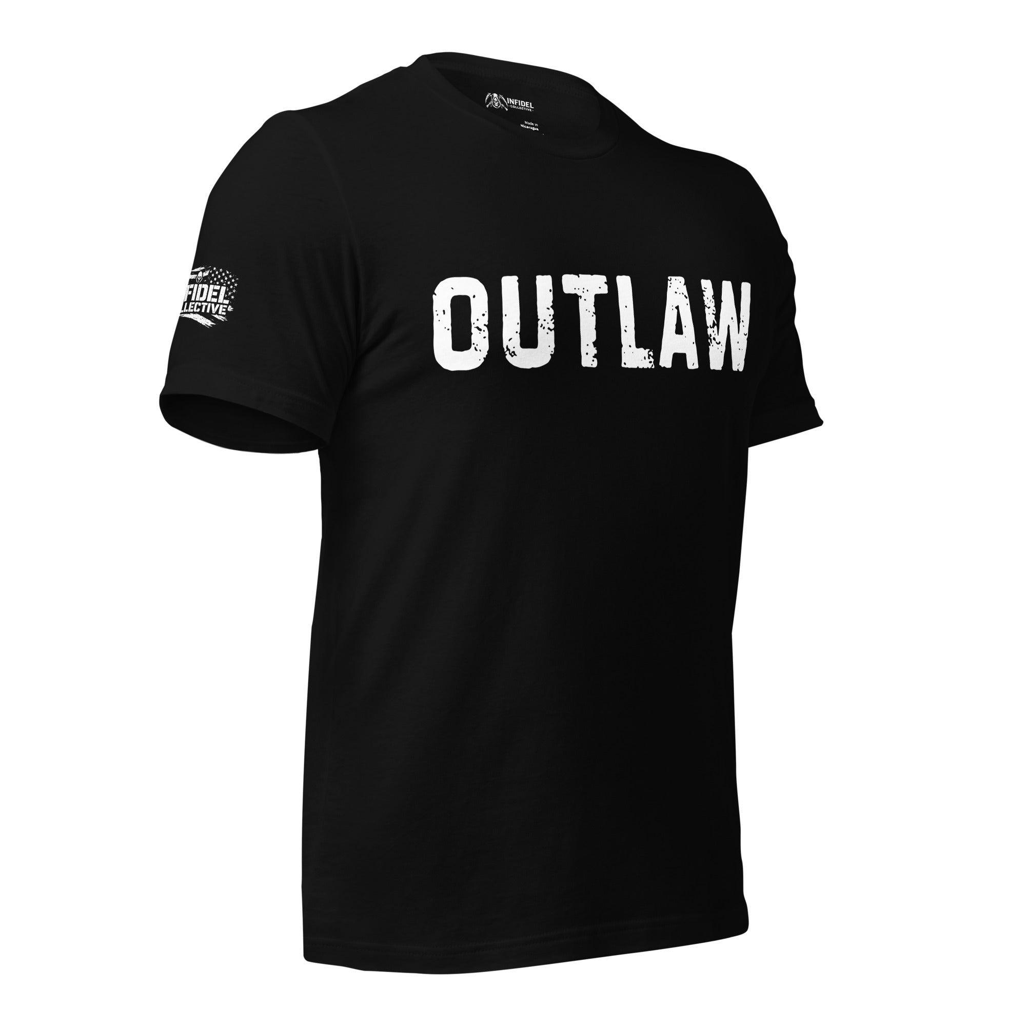 Black t-shirt with 'OUTLAW' printed on it against a white background