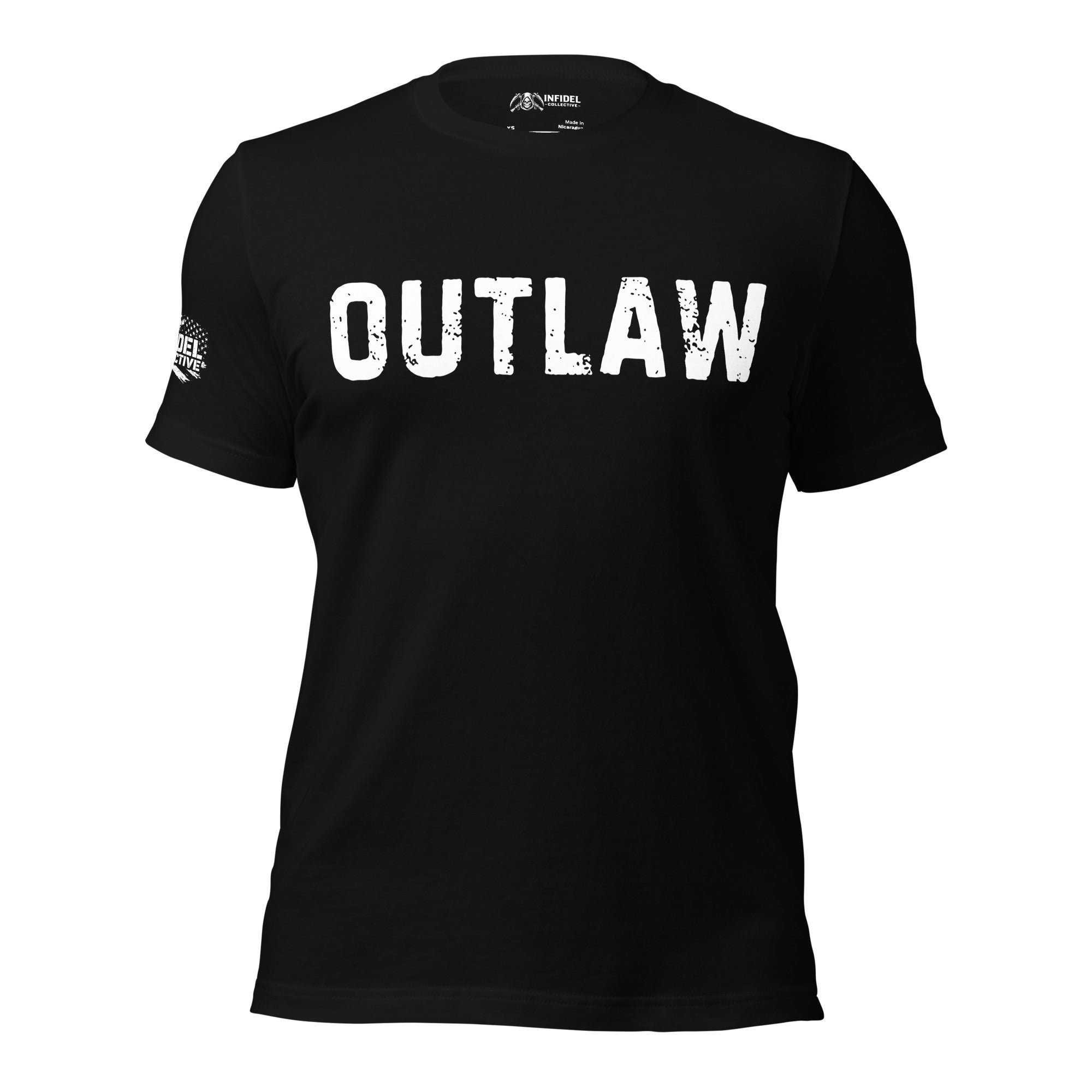 Black t-shirt with 'OUTLAW' printed three times in white on a white background