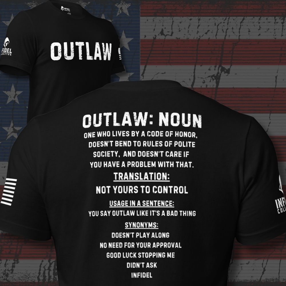 Back view of Black Outlaw Defined Back Print tee.