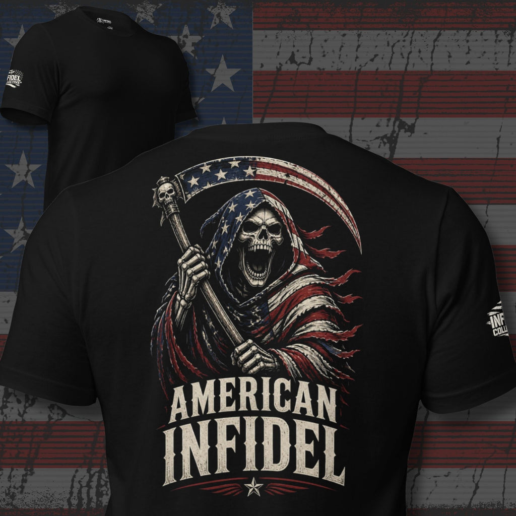 Black t-shirt featuring a grim reaper draped in an American flag holding a patriotic scythe above American Infidel lettering