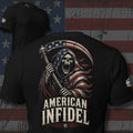 American Infidel patriot reaper with flag scythe back print black tee from Infidel Collective