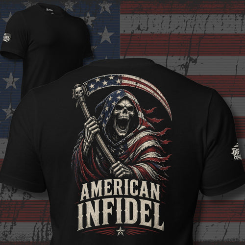 American Infidel patriot reaper with flag scythe back print black tee from Infidel Collective