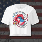 White t-shirt with a colorful graphic design with text that says 'Party in the USA' on an American flag background