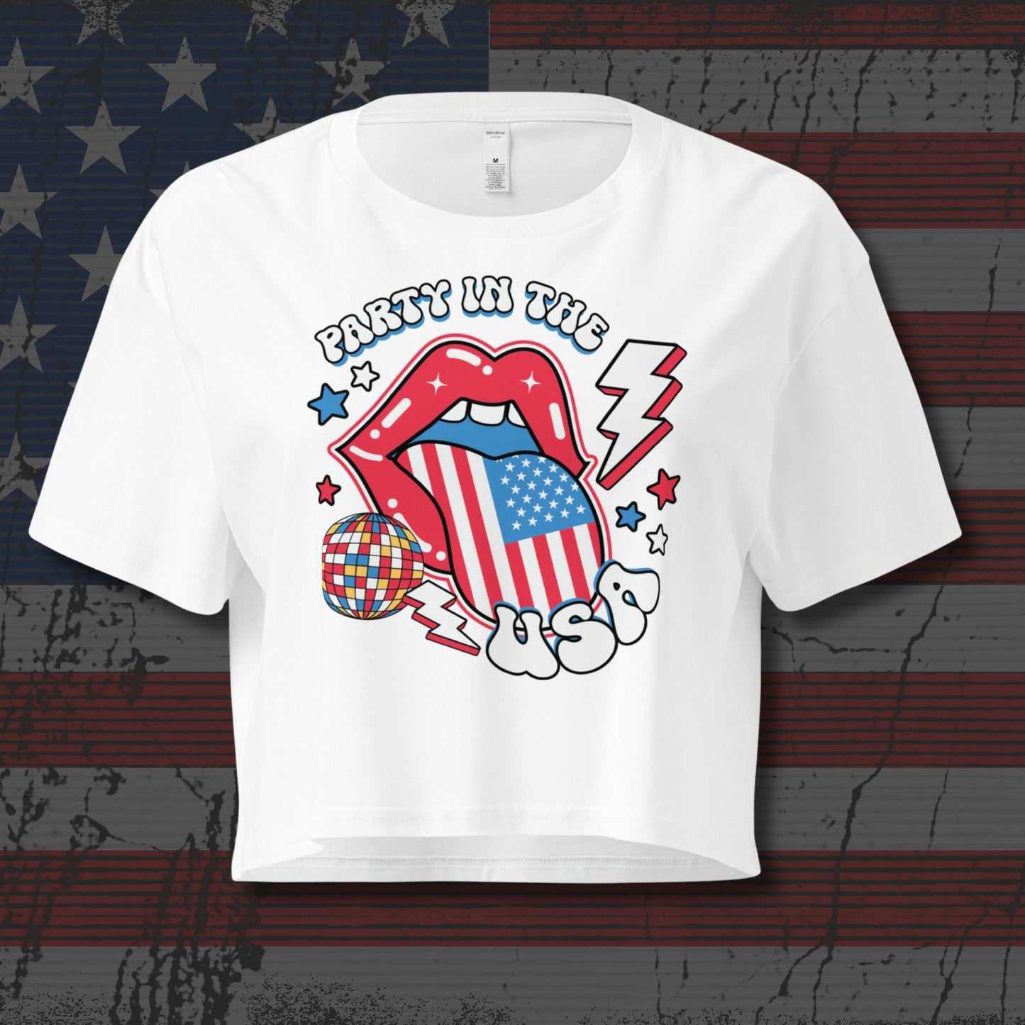 White t-shirt with a colorful graphic design with text that says 'Party in the USA' on an American flag background