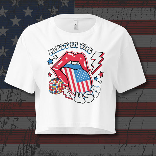 White t-shirt with a colorful graphic design with text that says 'Party in the USA' on an American flag background
