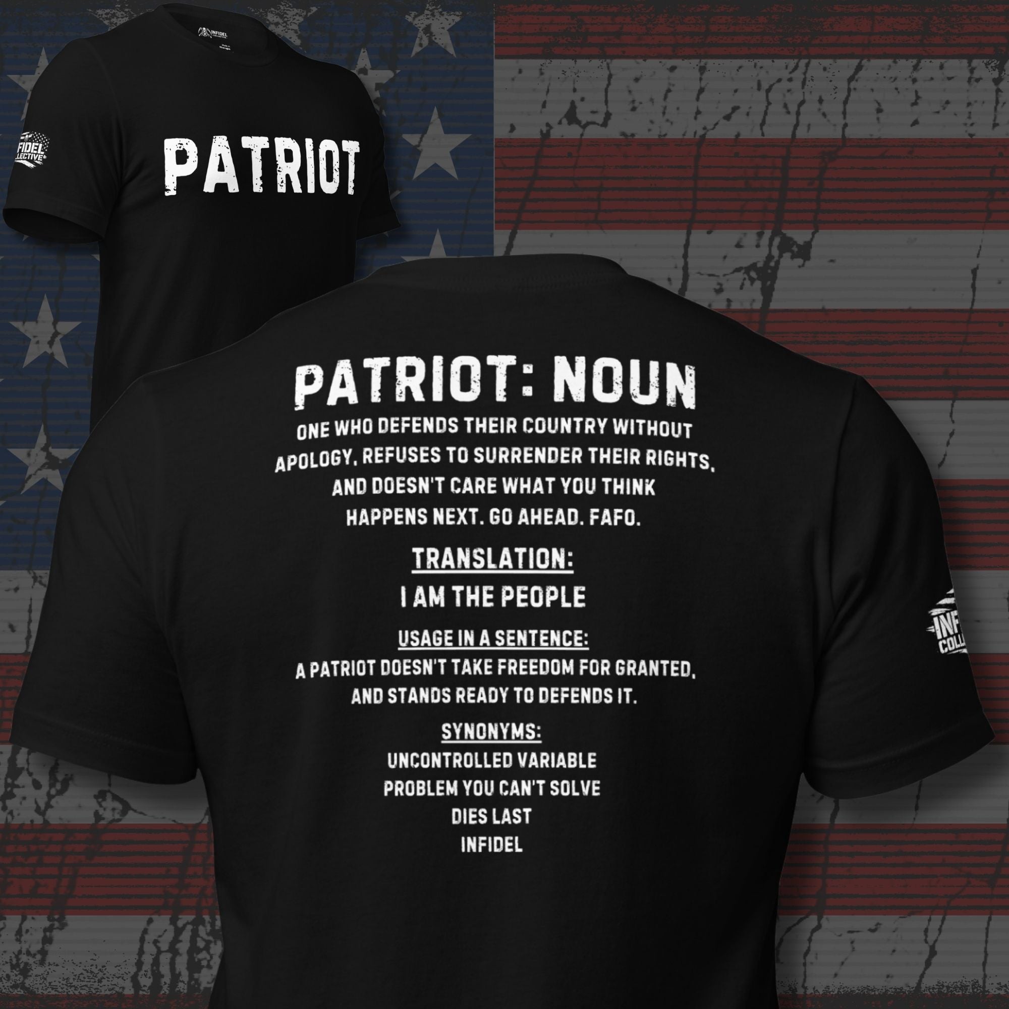 Black t-shirt with 'Patriot' text and definition on a flag background