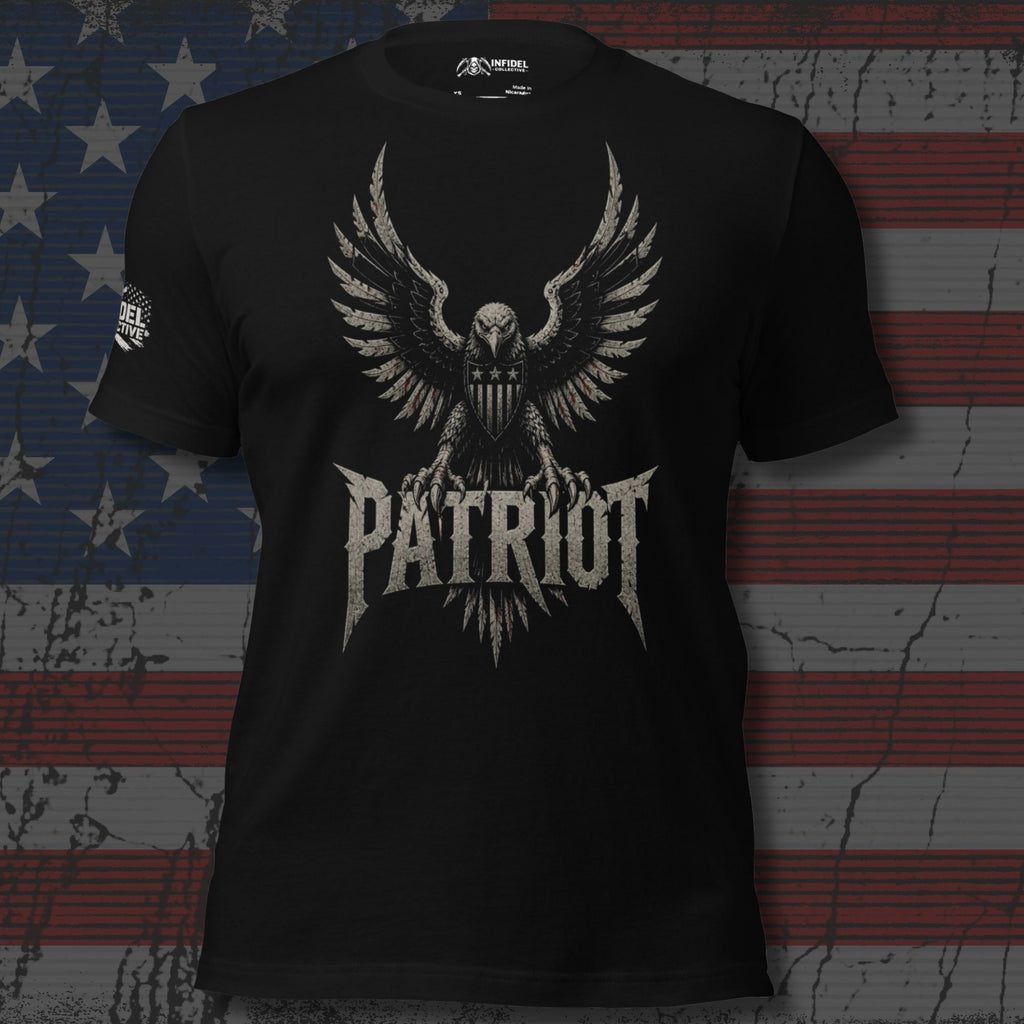 Patriot eagle shield front print black tee from Infidel Collective