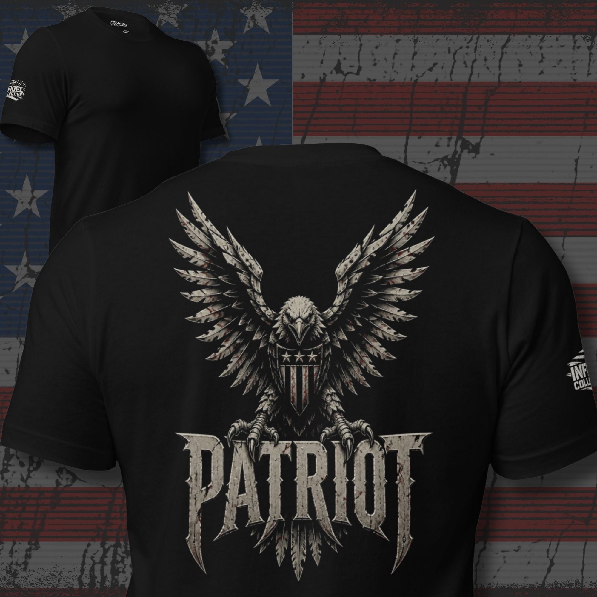 Patriot eagle shield back print black tee from Infidel Collective