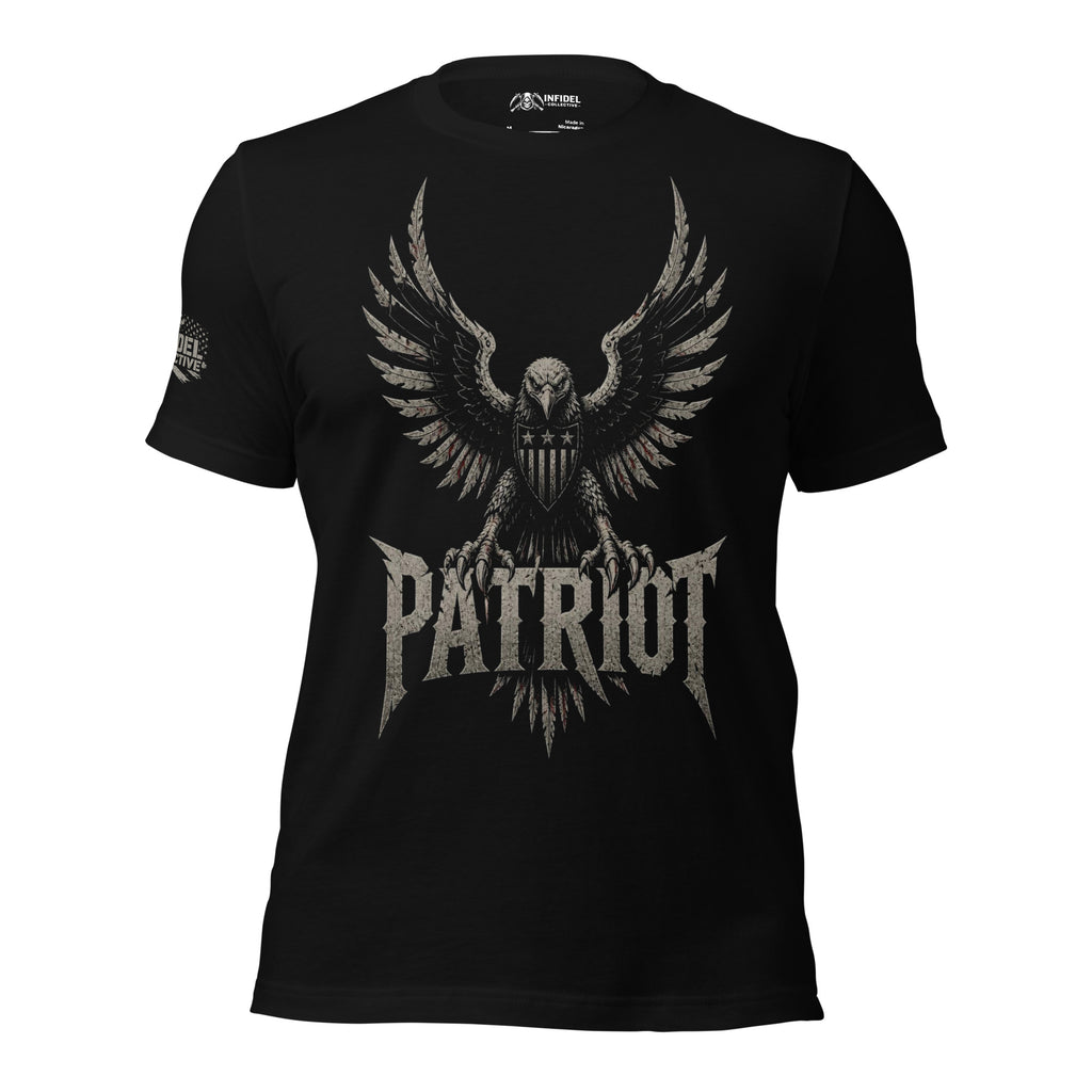 Patriot eagle shield front print black tee from Infidel Collective
