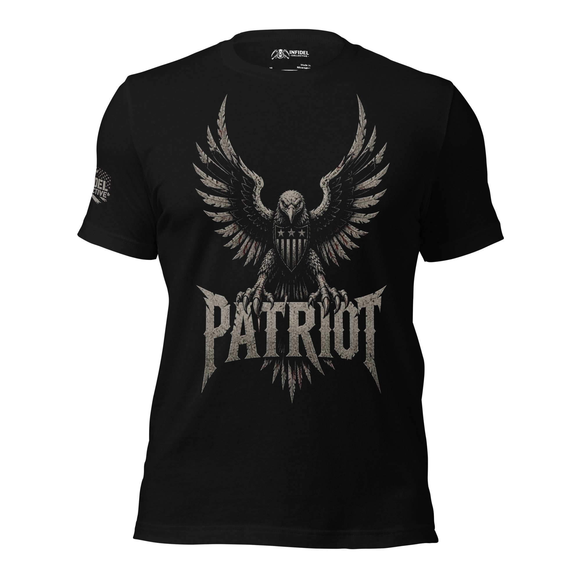 Patriot eagle shield front print black tee from Infidel Collective