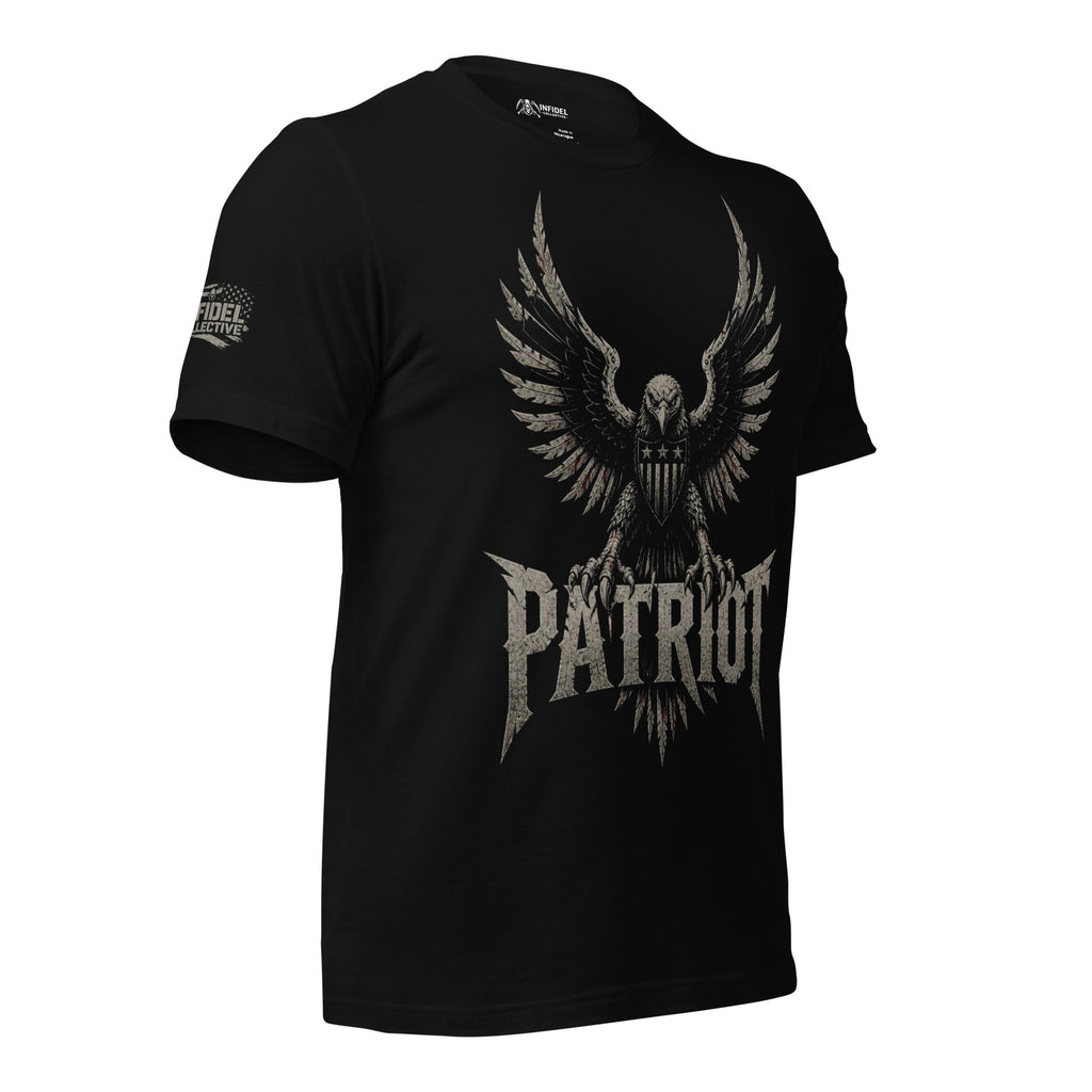Patriot eagle shield front print black tee from Infidel Collective