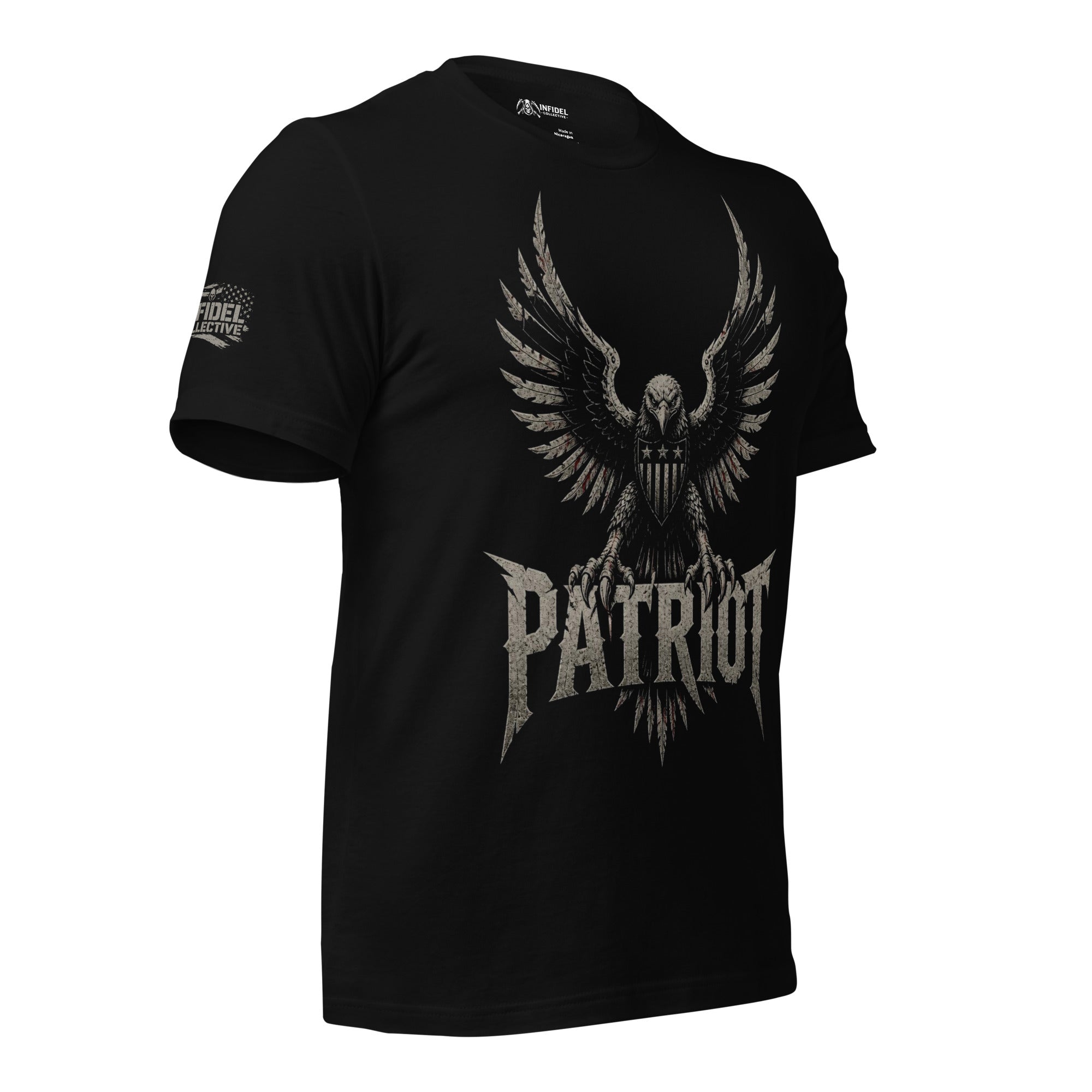 Patriot eagle shield front print black tee from Infidel Collective