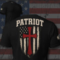 Patriot American flag shield with red cross back print black tee from Infidel Collective