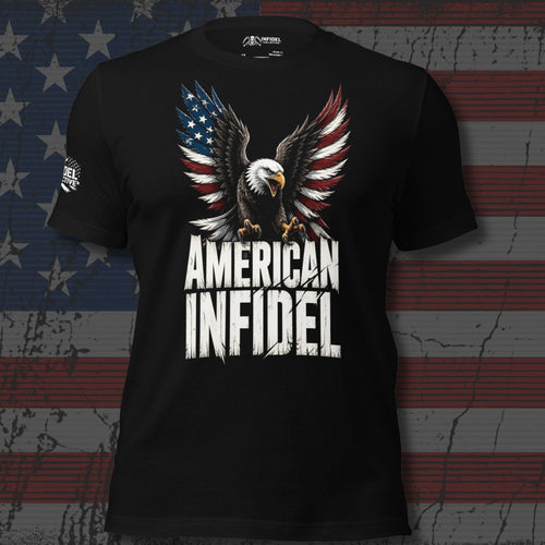 American Infidel bald eagle landing front print black tee from Infidel Collective