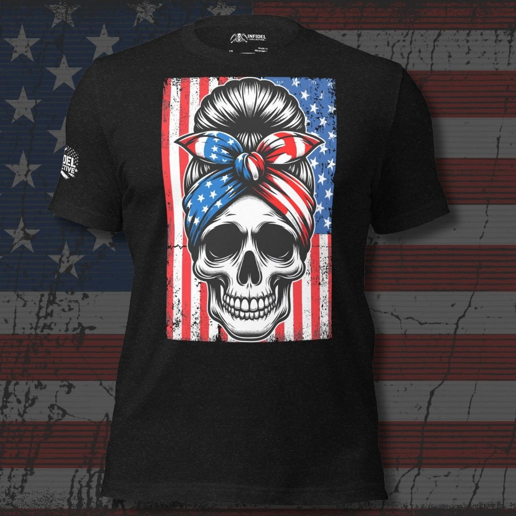 Patriotic skull bandana front print tee with skull wearing American flag head wrap in front of distressed American flag on black shirt