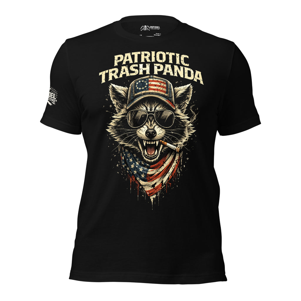 Black t-shirt with a graphic of a panda wearing an American flag hat and sunglasses, with 'Patriotic Trash Panda' text.