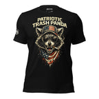 Black t-shirt with a graphic of a panda wearing an American flag hat and sunglasses, with 'Patriotic Trash Panda' text.