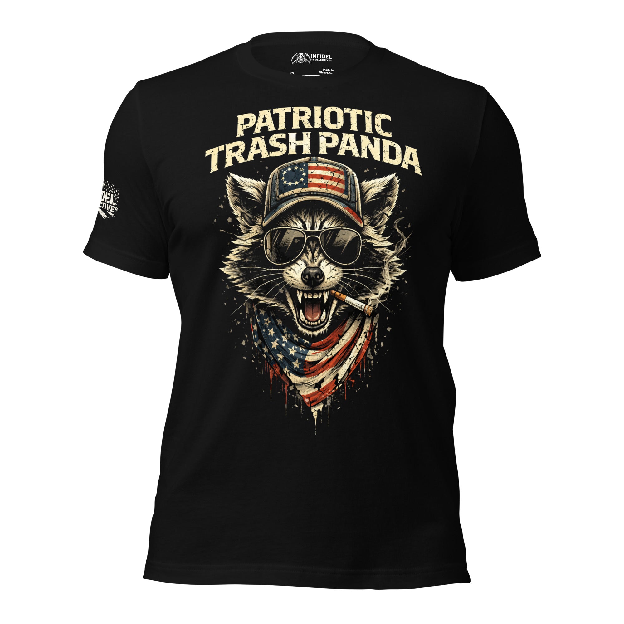 Black t-shirt with a graphic of a panda wearing an American flag hat and sunglasses, with 'Patriotic Trash Panda' text.