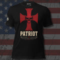 red iron cross and skull with Patriot and Ephesians 6:11 text front print black tee from Infidel Collective
