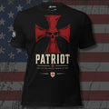 red iron cross and skull with Patriot Full Armor text and shield mark front print black tee from Infidel Collective