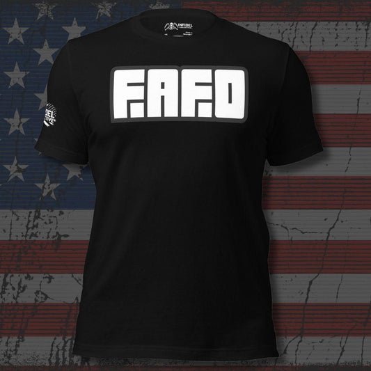 Black t-shirt with 'FAED' logo on a distressed American flag background