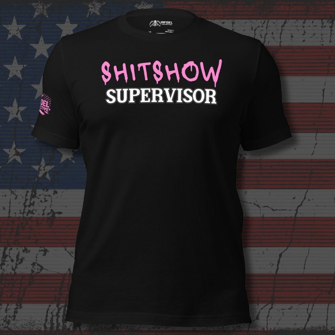 Black t-shirt with 'SHITSHOW SUPERVISOR' text on a distressed American flag background