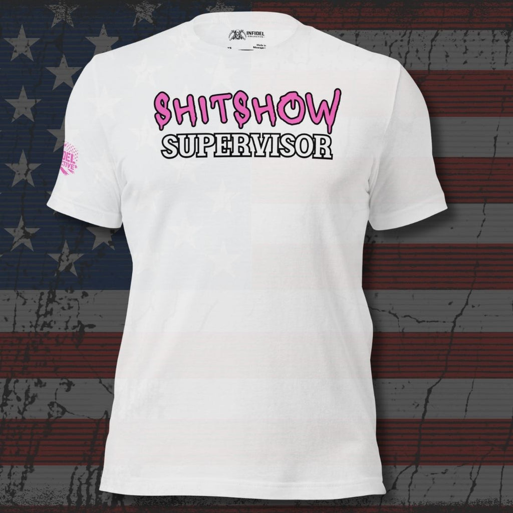 White t-shirt with 'SHITSHOW SUPERVISOR' text on a distressed American flag background